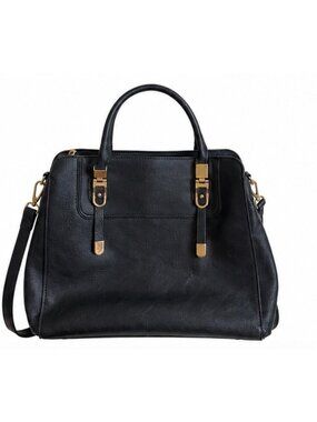 Black Faux Leather Satchel Gold Hardware Adjustable Shoulder Strap Compartments